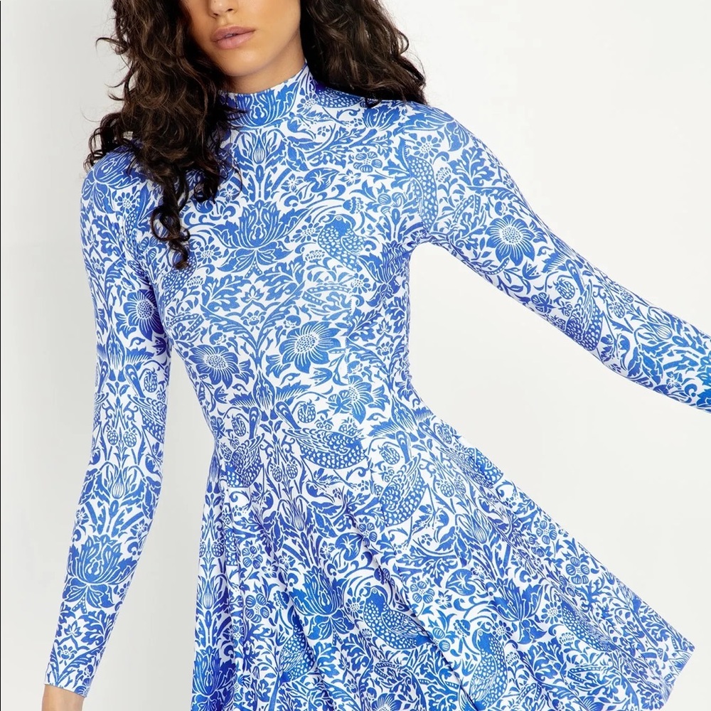 Blackmilk Strawberry Thief Azure Long Sleeve Evil Mini Dress SMALL